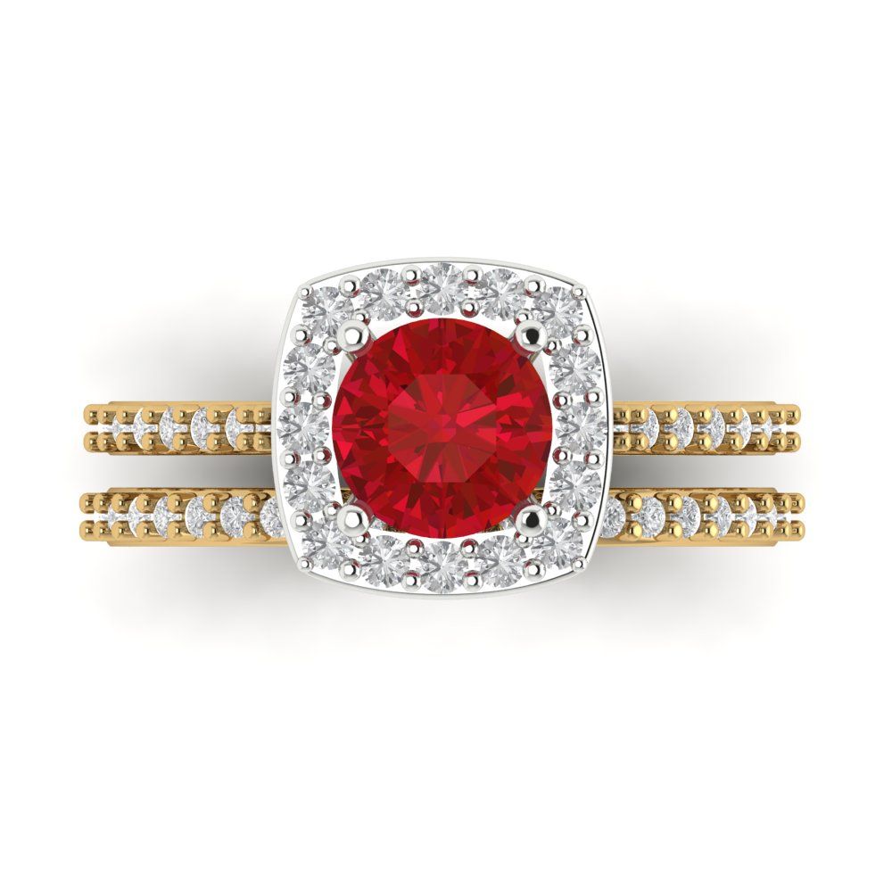 1.495 cttw Round Cut Simulated Ruby Bridal Set - Solid Yellow/White Gold Engagement Ring & Wedding Band