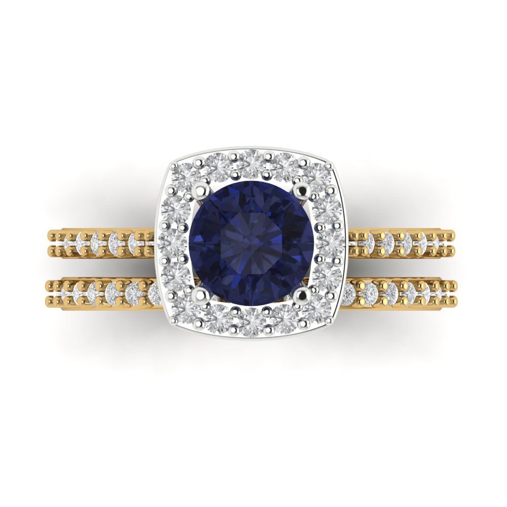 1.495 cttw Round Cut Simulated Blue Sapphire Bridal Set - Solid Yellow/White Gold Engagement Ring & Wedding Band