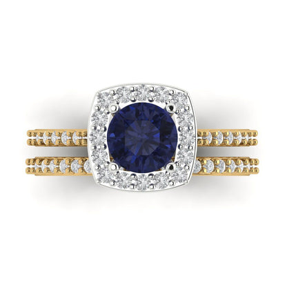 1.495 cttw Round Cut Simulated Blue Sapphire Bridal Set - Solid Yellow/White Gold Engagement Ring & Wedding Band