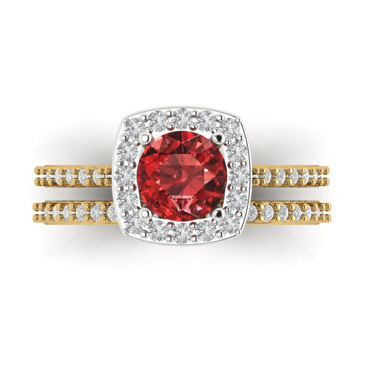 1.495 cttw Round Cut Natural Garnet Bridal Set - Solid Yellow/White Gold Engagement Ring & Wedding Band