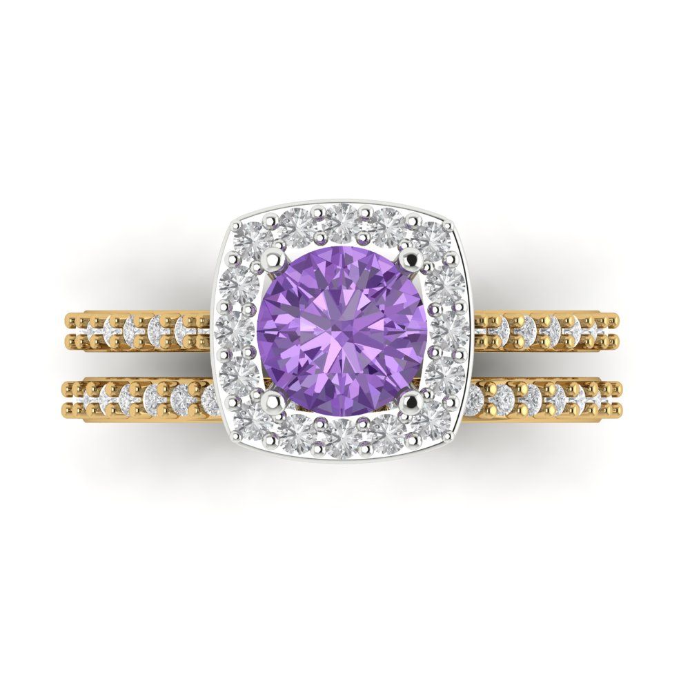 1.495 cttw Round Cut Simulated Alexandrite Bridal Set - Solid Yellow/White Gold Engagement Ring & Wedding Band