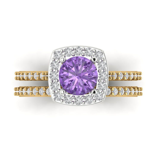 1.495 cttw Round Cut Simulated Alexandrite Bridal Set - Solid Yellow/White Gold Engagement Ring & Wedding Band