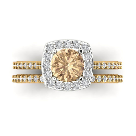 1.495 cttw Round Cut Yellow Moissanite Bridal Set - Solid Yellow/White Gold Engagement Ring & Wedding Band