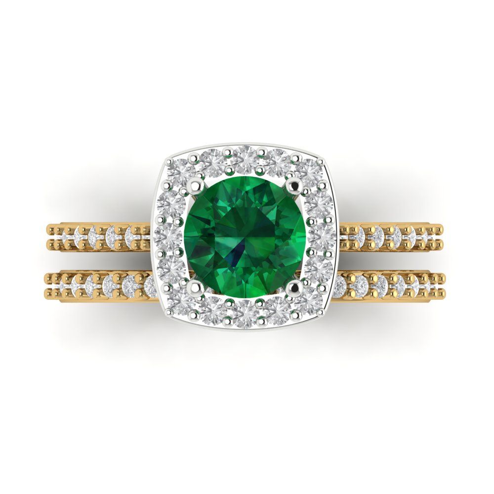 1.495 cttw Round Cut Simulated Emerald Bridal Set - Solid Yellow/White Gold Engagement Ring & Wedding Band