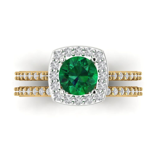 1.495 cttw Round Cut Simulated Emerald Bridal Set - Solid Yellow/White Gold Engagement Ring & Wedding Band