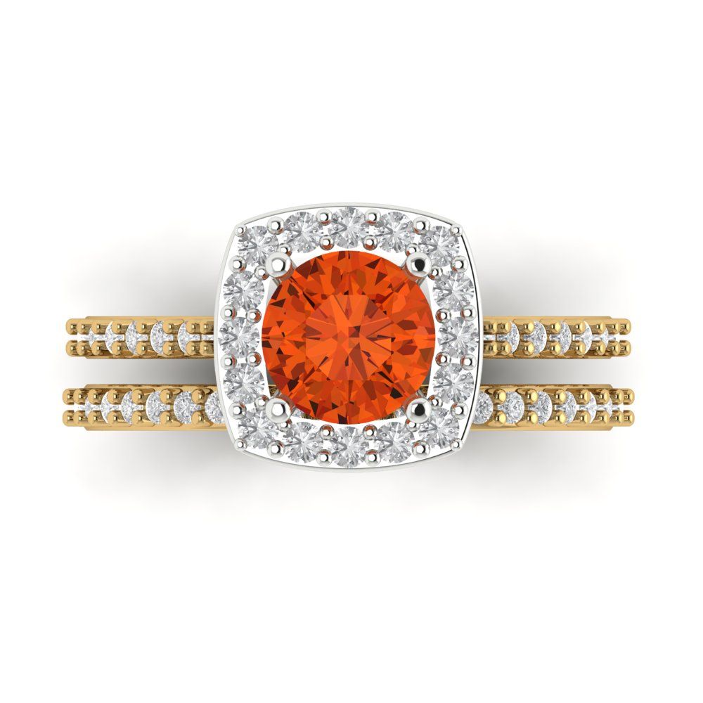 1.495 cttw Round Cut Simulated Red Diamond Bridal Set - Solid Yellow/White Gold Engagement Ring & Wedding Band