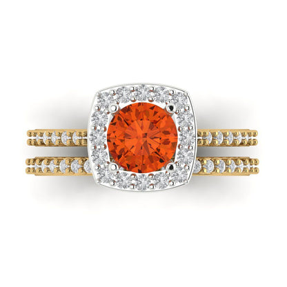 1.495 cttw Round Cut Simulated Red Diamond Bridal Set - Solid Yellow/White Gold Engagement Ring & Wedding Band