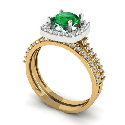 1.495 cttw Round Cut Simulated Emerald Bridal Set - Solid Yellow/White Gold Engagement Ring & Wedding Band