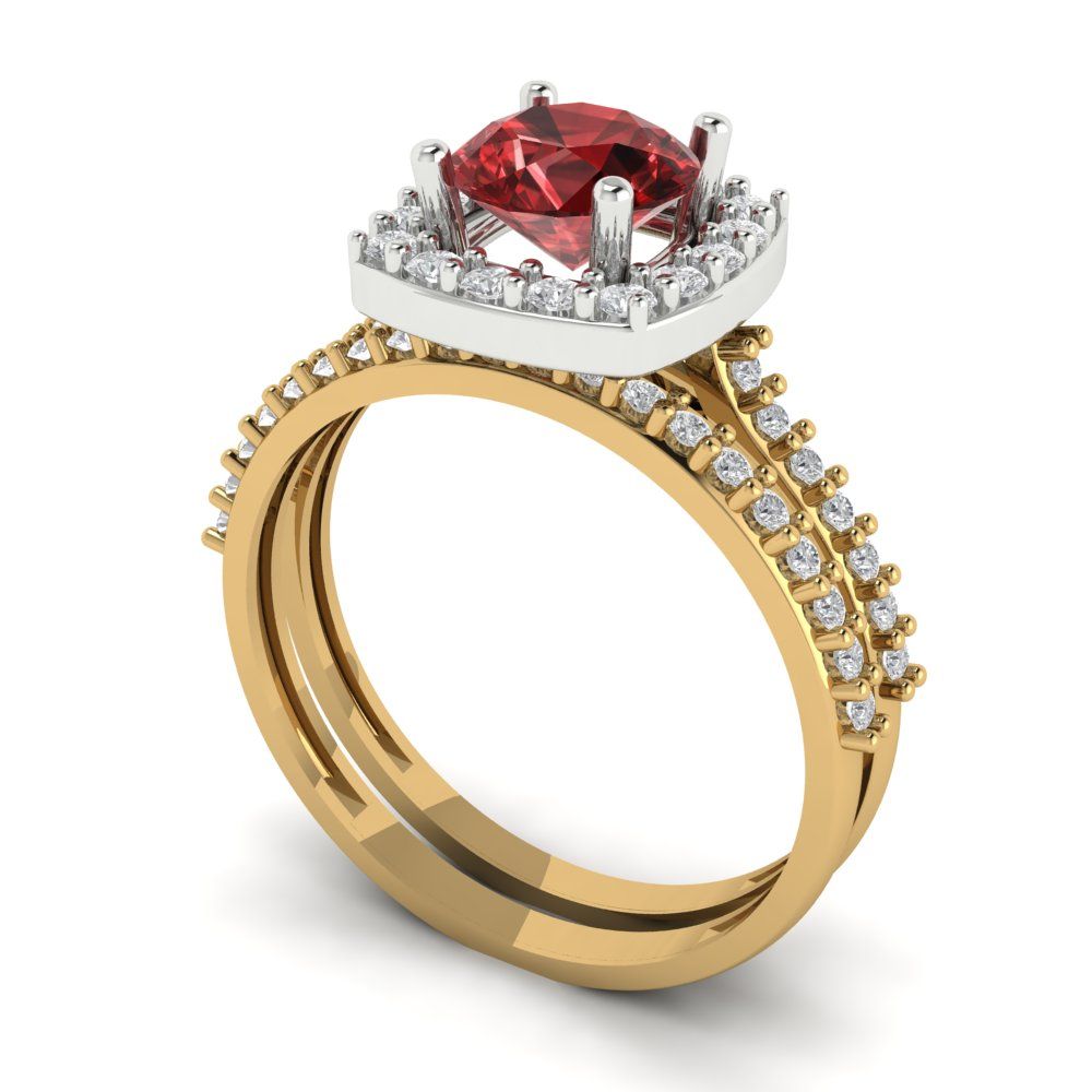 1.495 cttw Round Cut Natural Garnet Bridal Set - Solid Yellow/White Gold Engagement Ring & Wedding Band