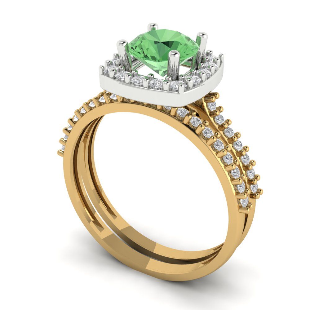 1.495 cttw Round Cut Simulated Green Diamond Bridal Set - Solid Yellow/White Gold Engagement Ring & Wedding Band