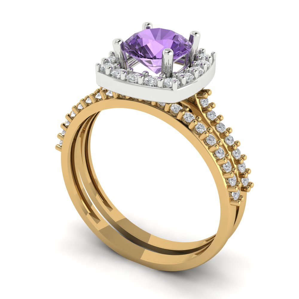 1.495 cttw Round Cut Simulated Alexandrite Bridal Set - Solid Yellow/White Gold Engagement Ring & Wedding Band