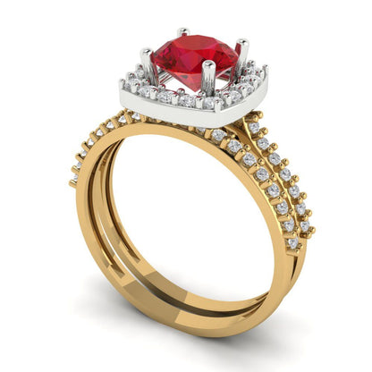 1.495 cttw Round Cut Simulated Ruby Bridal Set - Solid Yellow/White Gold Engagement Ring & Wedding Band