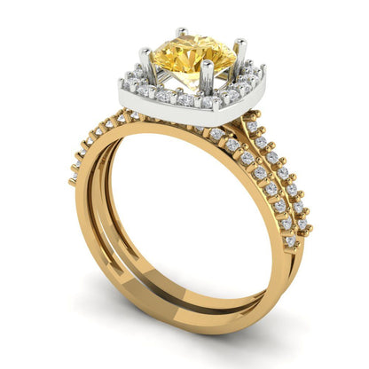 1.495 cttw Round Cut Yellow Moissanite Bridal Set - Solid Yellow/White Gold Engagement Ring & Wedding Band