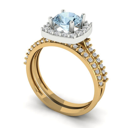 1.495 cttw Round Cut Natural Swiss Blue Topaz Bridal Set - Solid Yellow/White Gold Engagement Ring & Wedding Band