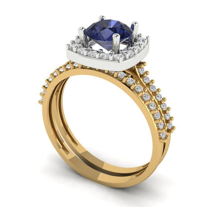 1.495 cttw Round Cut Simulated Blue Sapphire Bridal Set - Solid Yellow/White Gold Engagement Ring & Wedding Band