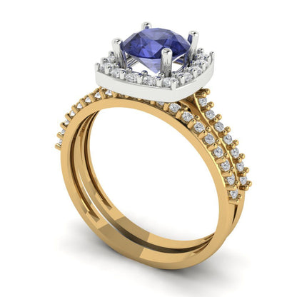 1.495 cttw Round Cut Simulated Tanzanite Bridal Set - Solid Yellow/White Gold Engagement Ring & Wedding Band