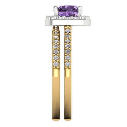 1.495 cttw Round Cut Simulated Alexandrite Bridal Set - Solid Yellow/White Gold Engagement Ring & Wedding Band