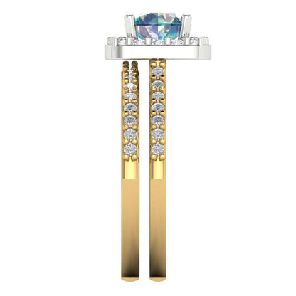 1.495 cttw Round Cut Blue Moissanite Bridal Set - Solid Yellow/White Gold Engagement Ring & Wedding Band