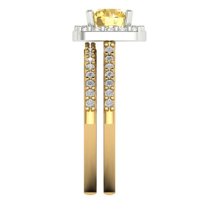 1.495 cttw Round Cut Natural Citrine Bridal Set - Solid Yellow/White Gold Engagement Ring & Wedding Band
