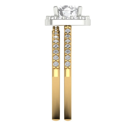 1.495 cttw Round Cut White Sapphire Bridal Set - Solid Yellow/White Gold Engagement Ring & Wedding Band