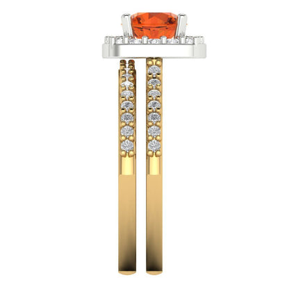 1.495 cttw Round Cut Simulated Red Diamond Bridal Set - Solid Yellow/White Gold Engagement Ring & Wedding Band