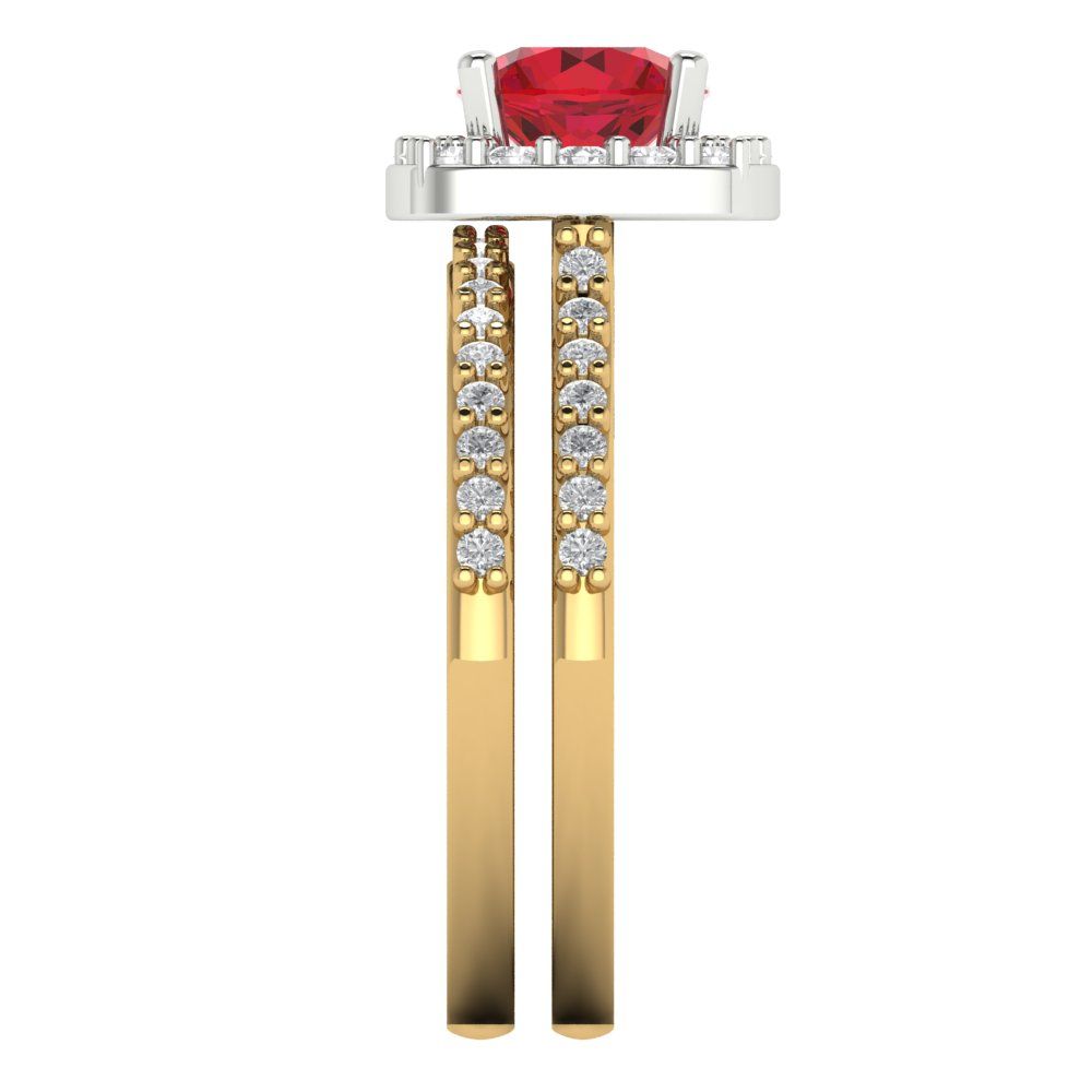 1.495 cttw Round Cut Simulated Ruby Bridal Set - Solid Yellow/White Gold Engagement Ring & Wedding Band