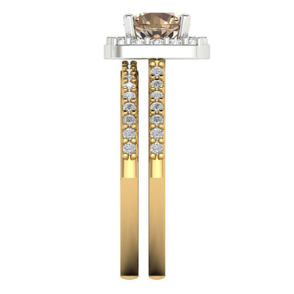 1.495 cttw Round Cut Yellow Moissanite Bridal Set - Solid Yellow/White Gold Engagement Ring & Wedding Band