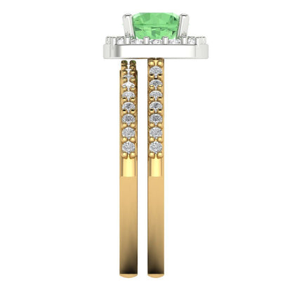 1.495 cttw Round Cut Simulated Green Diamond Bridal Set - Solid Yellow/White Gold Engagement Ring & Wedding Band