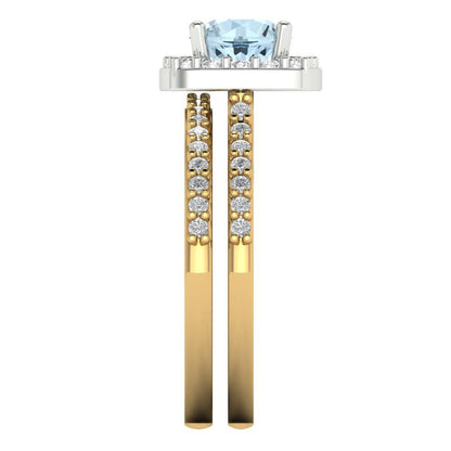 1.495 cttw Round Cut Natural Swiss Blue Topaz Bridal Set - Solid Yellow/White Gold Engagement Ring & Wedding Band