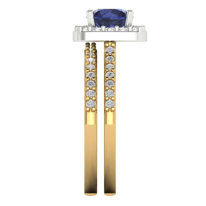 1.495 cttw Round Cut Simulated Blue Sapphire Bridal Set - Solid Yellow/White Gold Engagement Ring & Wedding Band
