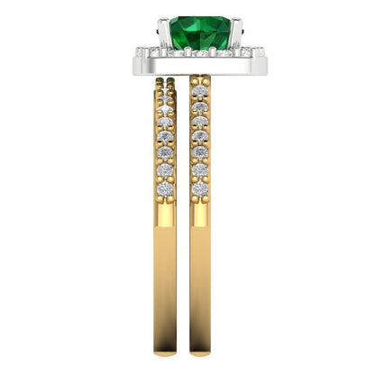 1.495 cttw Round Cut Simulated Emerald Bridal Set - Solid Yellow/White Gold Engagement Ring & Wedding Band