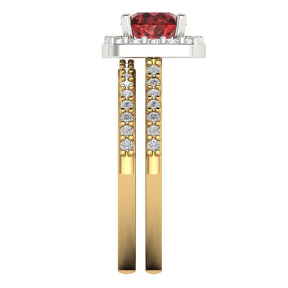 1.495 cttw Round Cut Natural Garnet Bridal Set - Solid Yellow/White Gold Engagement Ring & Wedding Band