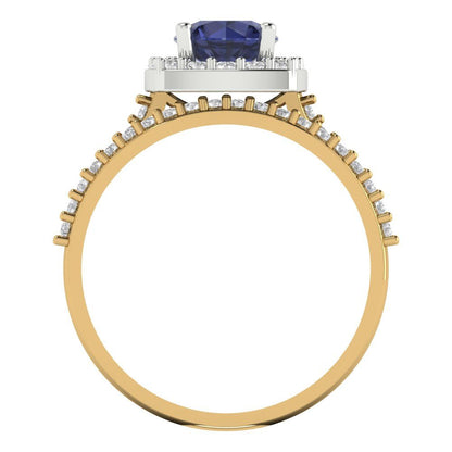 1.495 cttw Round Cut Simulated Blue Sapphire Bridal Set - Solid Yellow/White Gold Engagement Ring & Wedding Band