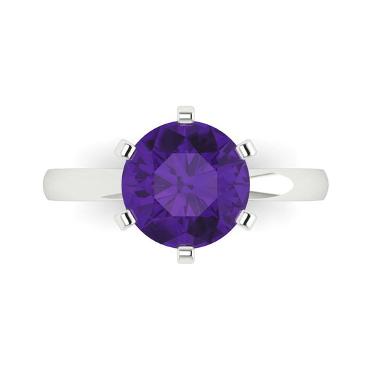 3 cttw Natural Amethyst Solitaire  Engagement Ring - Solid White Gold (VVS1, Round Cut,9mm)