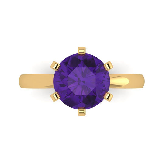 3 cttw Natural Amethyst Solitaire  Engagement Ring - Solid Yellow Gold (VVS1, Round Cut,9mm)