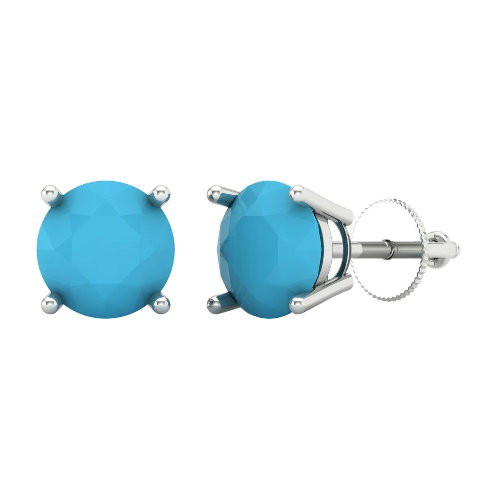 4 ctw Turquoise Studs Earrings | 8.0mm Round Cut White Gold Screw back | December Birthstone