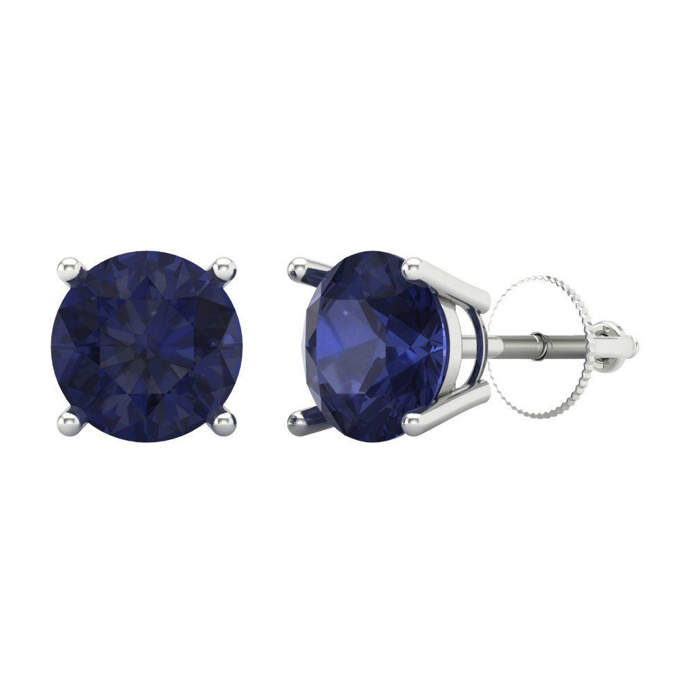 4 ctw Blue Sapphire Studs Earrings | 8.0mm Round Cut White Gold Screw back | September Birthstone