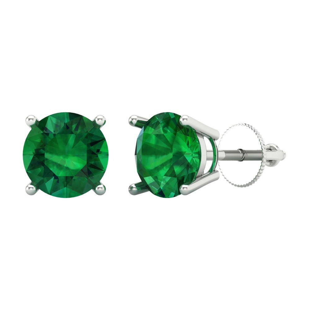 4 ctw Emerald Studs Earrings | 8.0mm Round Cut White Gold Screw back | May Birthstone