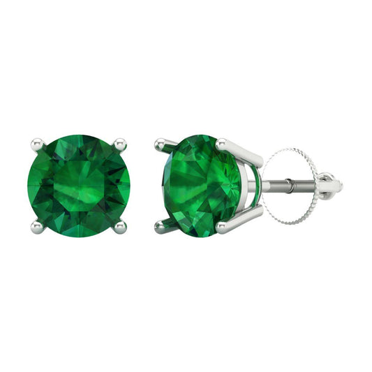4 ctw Emerald Studs Earrings | 8.0mm Round Cut White Gold Screw back | May Birthstone