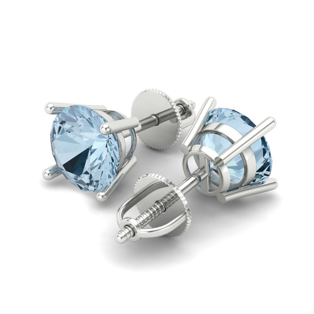 4 ctw Aquamarine Studs Earrings | 8.0mm Round Cut White Gold Screw back | March Birthstone