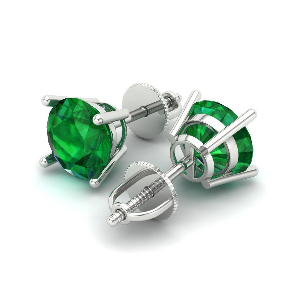 4 ctw Emerald Studs Earrings | 8.0mm Round Cut White Gold Screw back | May Birthstone