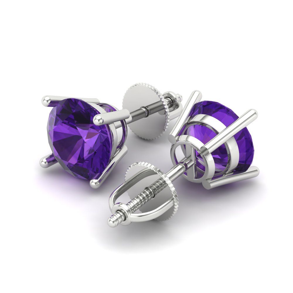 4 ctw Amethyst Studs Earrings | 8.0mm Round Cut White Gold Screw back | February Birthstone