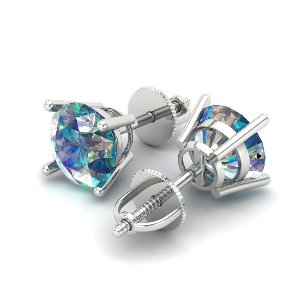 4 ctw Blue Moissanite Studs Earrings | 8.0mm Round Cut White Gold Screw back | April Birthstone
