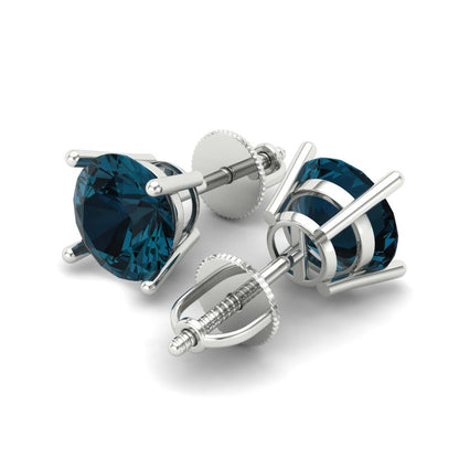 4 ctw London Blue Topaz Studs Earrings | 8.0mm Round Cut White Gold Screw back | December Birthstone