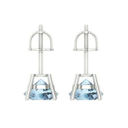 4 ctw Blue Zirconia Studs Earrings | 8.0mm Round Cut White Gold Screw back | April Birthstone