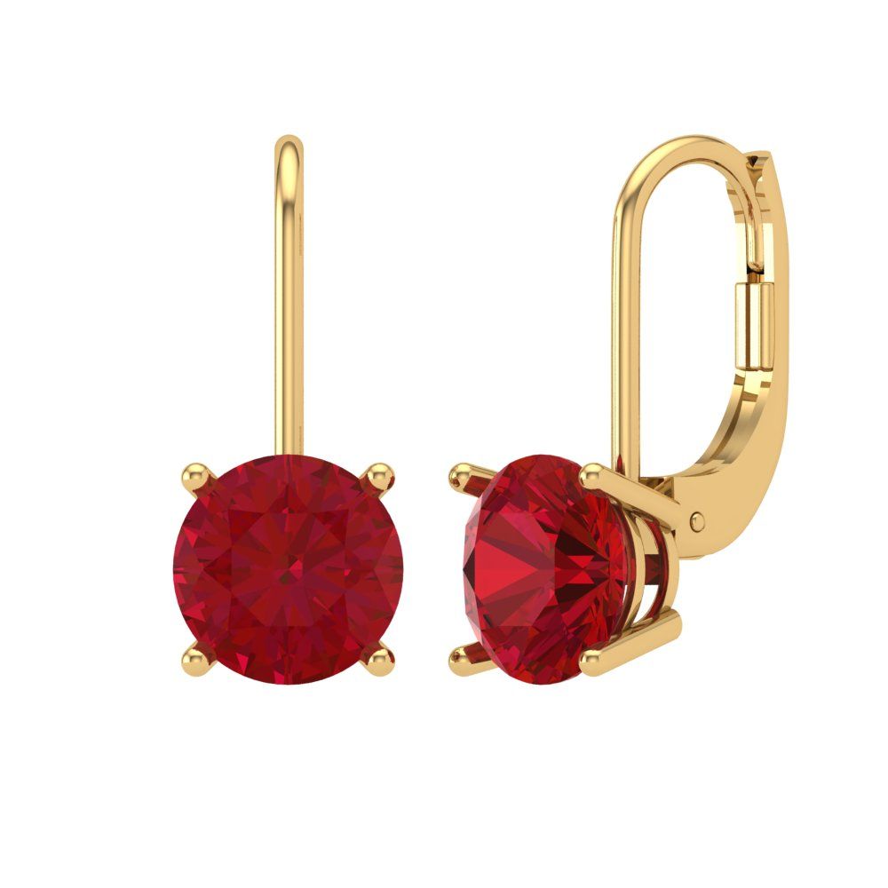 4 ctw Ruby Drop Dangle Earrings | 8.0mm Round Cut White Gold Lever Back | July Birthstone