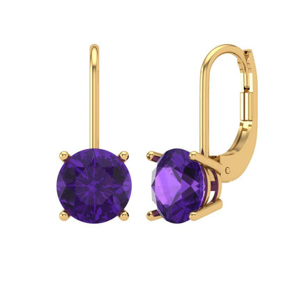 4 ctw Amethyst Drop Dangle Earrings | 8.0mm Round Cut White Gold Lever Back | February Birthstone
