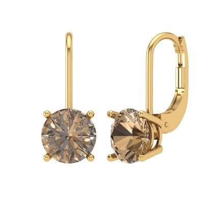 4 ctw Champagne Drop Dangle Earrings | 8.0mm Round Cut White Gold Lever Back | April Birthstone