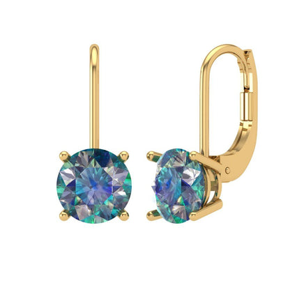 4 ctw Blue Moissanite Drop Dangle Earrings | 8.0mm Round Cut White Gold Lever Back | April Birthstone
