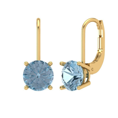4 ctw Aquamarine Drop Dangle Earrings | 8.0mm Round Cut White Gold Lever Back | March Birthstone